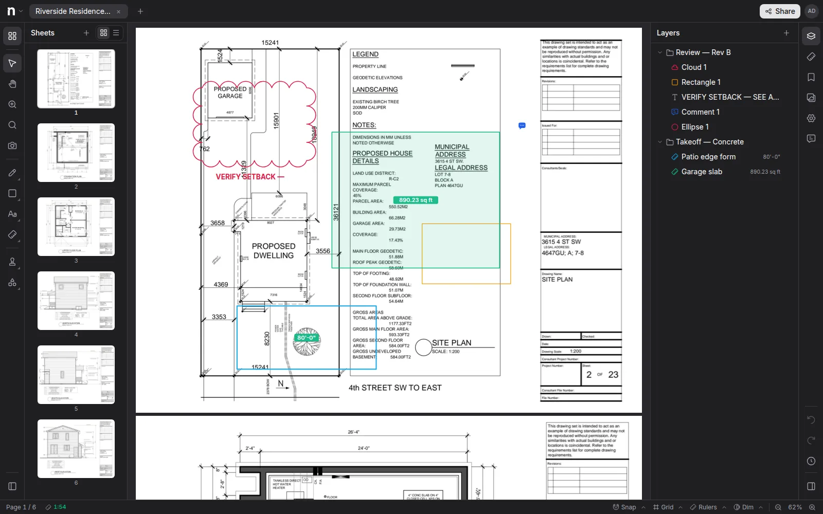 The Layers panel with a review layer holding markups and a takeoff layer holding measurements
