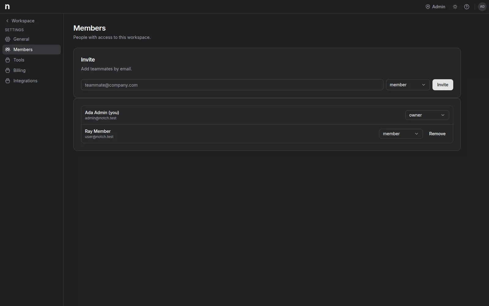 The Members settings page with an email invite form and member rows with role selectors