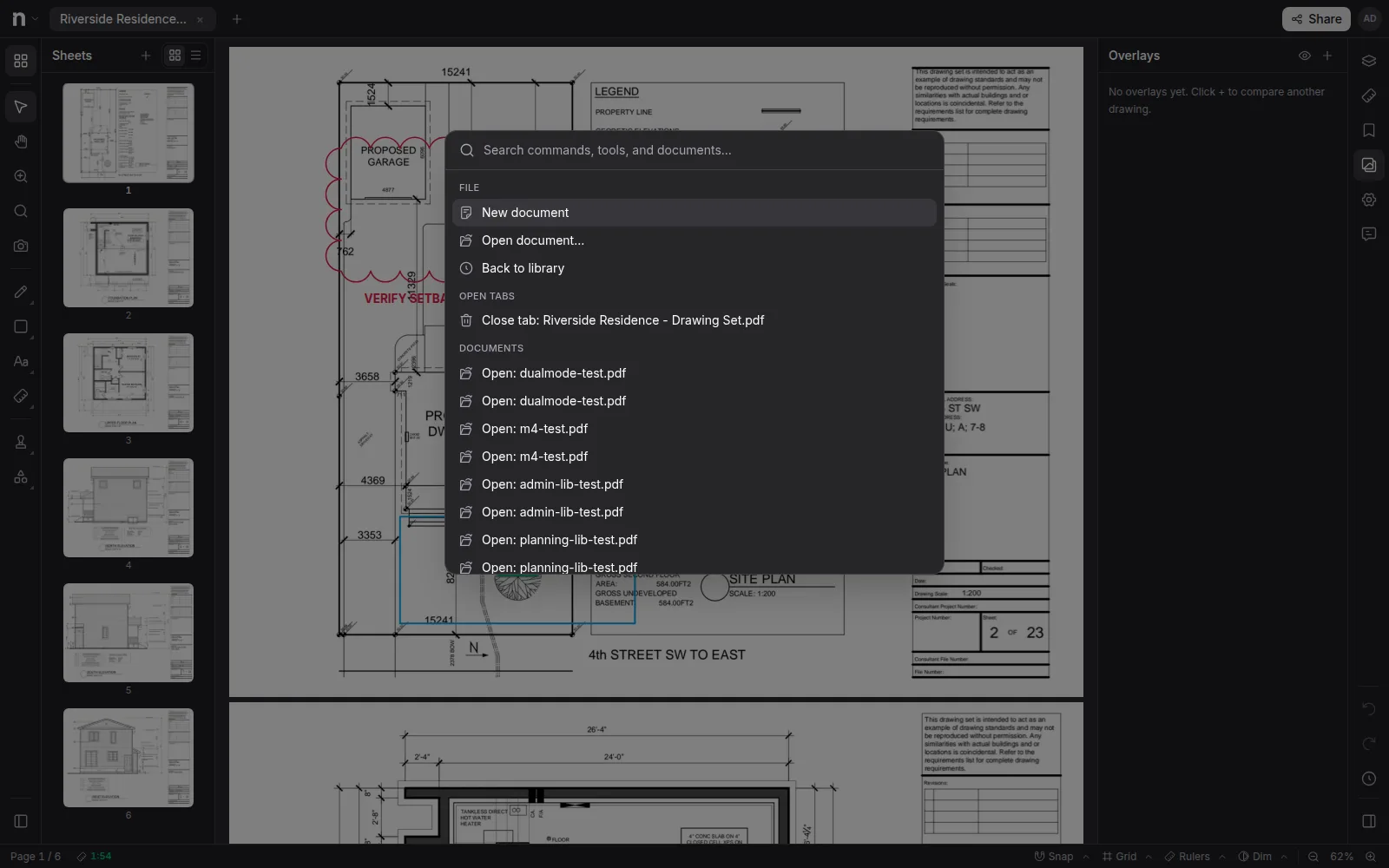 The command palette open over the editor, listing file commands, open tabs, and documents