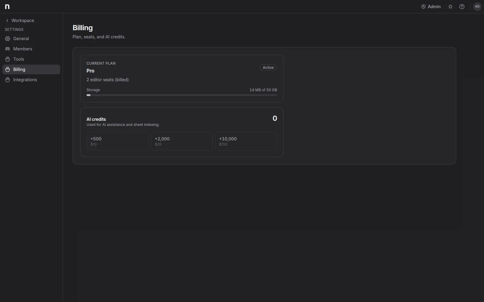 The Billing settings page showing the current plan, billed editor seats, storage usage, and AI credits