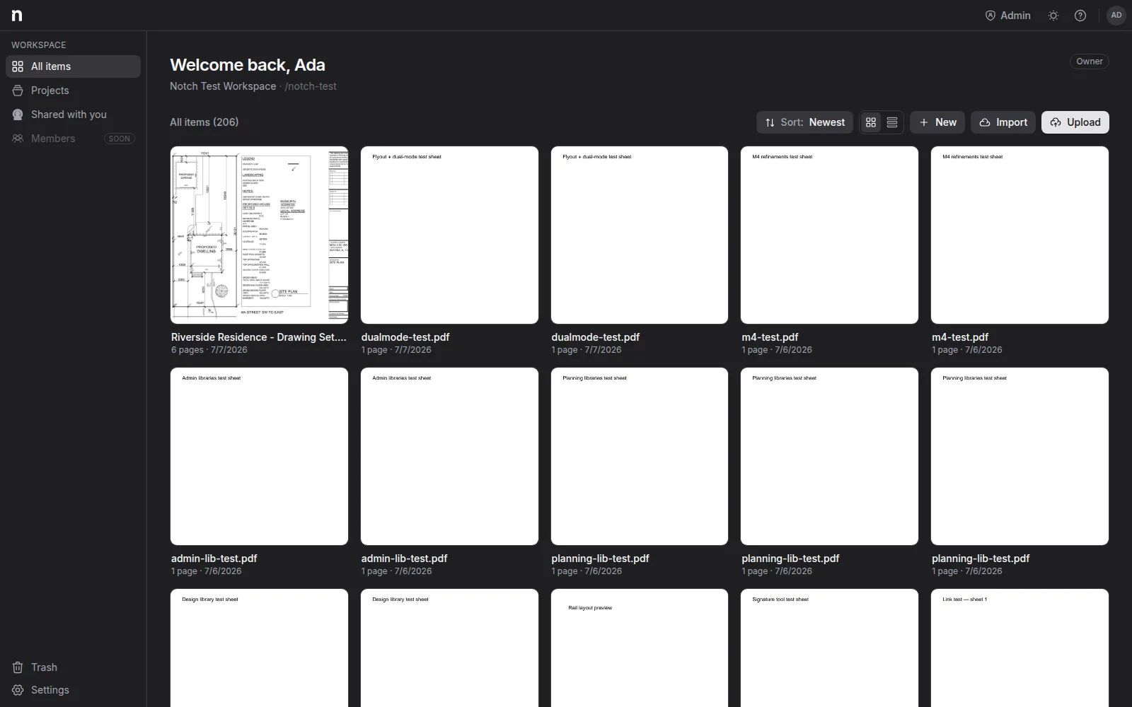 The workspace library in grid view, with document previews and the New, Import, and Upload buttons